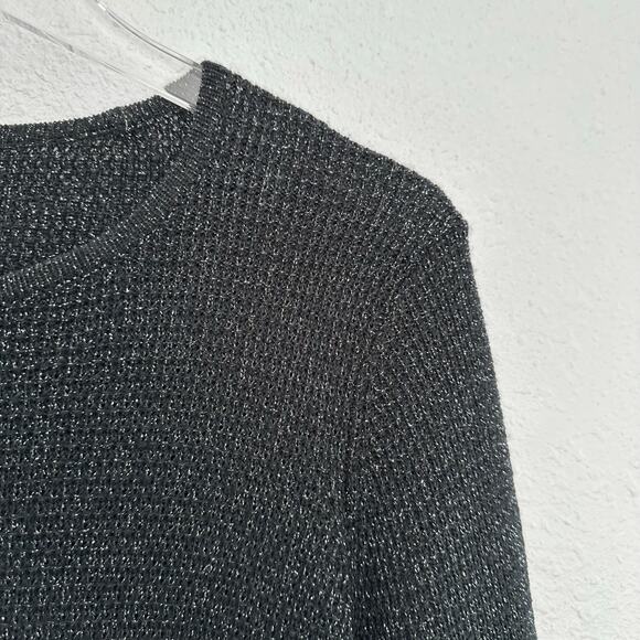 Eileen Fisher Waffle Knit Top Medium Black Metallic Merino Wool Blend Festive - Picture 3 of 6